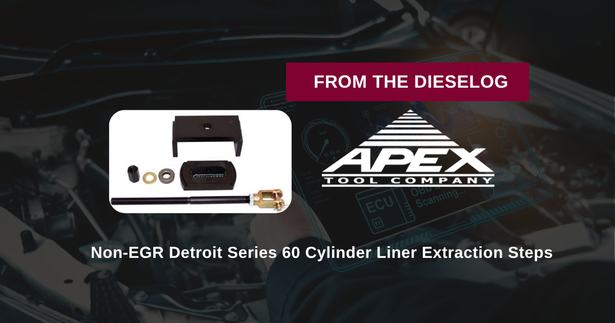 Step-by-step close up layout of cylinder liner puller tool mounted on a Detroit Series 60 engine block deck
